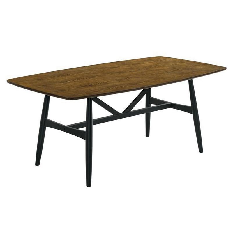Riera 72 Inch Two Tone Dining Table, Brown Plank Top, Black Trestle Base  - Benzara
