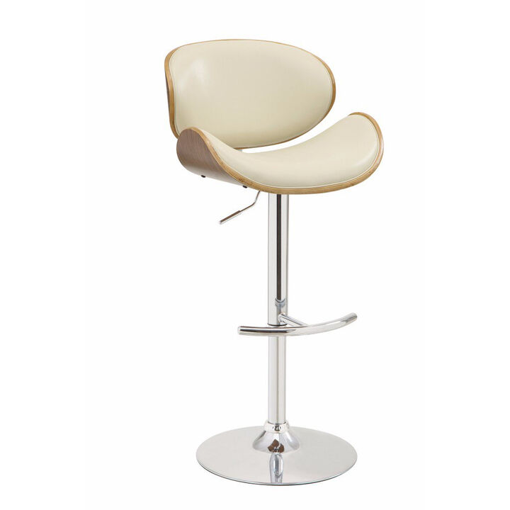 Mid Century Small Back Adjustable Bar Height Stool, Cream & Walnut - Benzara