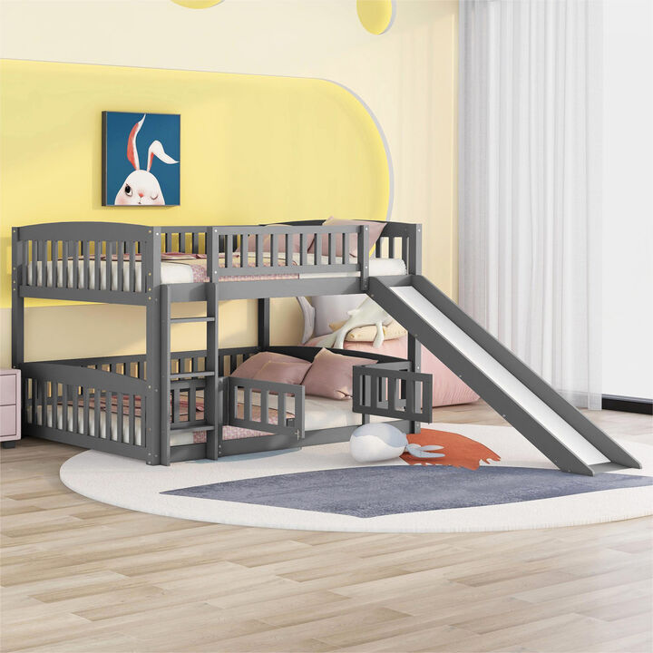 Bunk Bed With Slide, Full Over Full Low Bunk Bed With Fence And Ladder For Toddler Kids Teens
