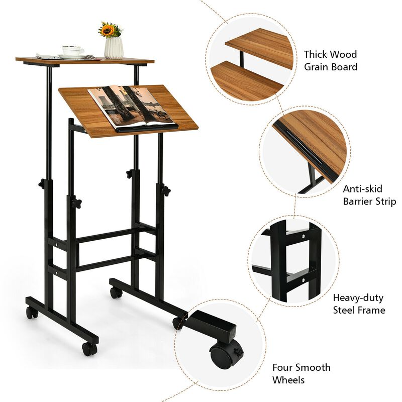 Height Adjustable Mobile Standing Desk with Rolling Wheels for Office and Home