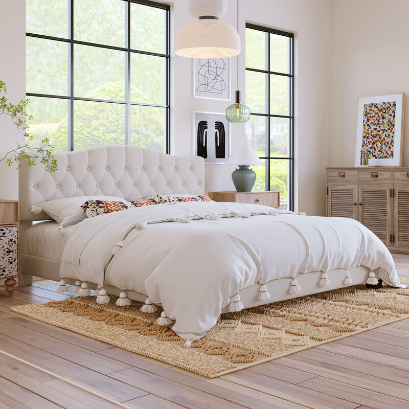 Merax Upholstered Platform Bed with Saddle Curved Headboard and Diamond Tufted Details