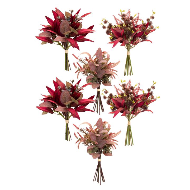Fall Burgundy Foliage and Thistle Bundle Bouquet for Autumn Décor and Seasonal Arrangements (Set of 6)