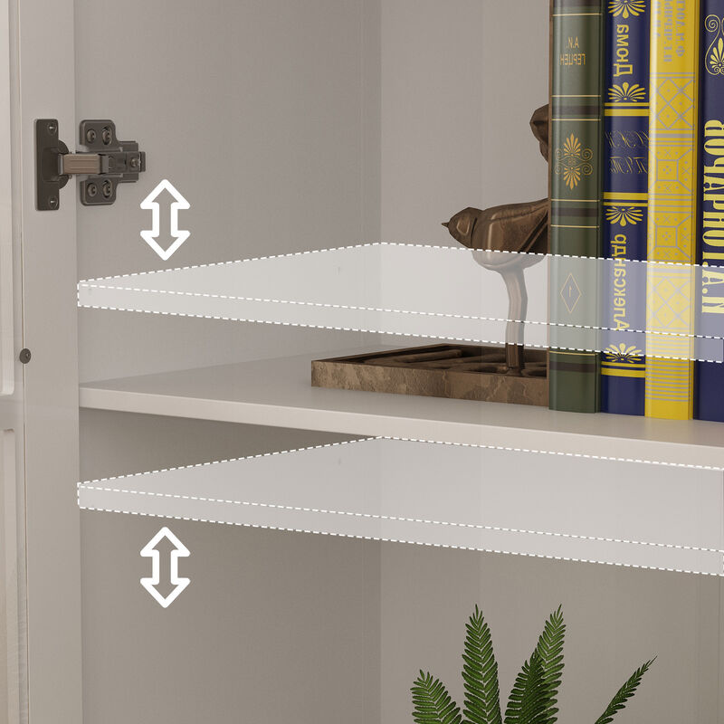70.9"H Modern White Bookcase With Adjustable Shelves And Glass Doors