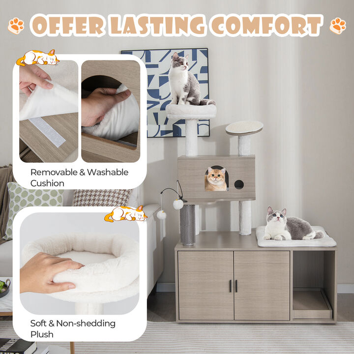 2-in-1 Modern Cat Tower with Litter Box Enclosure for Indoor Cars-Grey