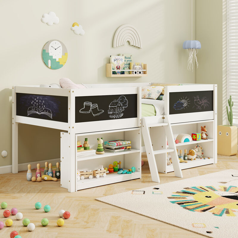 Kid Low Loft Bed with Chalkboard Ramp Ladder and Bookcases