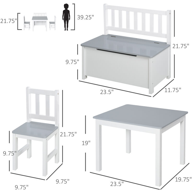 Qaba 4-Piece Kids Table Set with 2 Wooden Chairs, 1 Storage Bench, and Interesting Modern Design, Grey/White