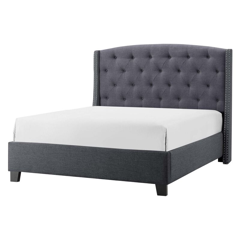Elle Queen Size Bed, Low Profile, Gray Button Tufted Upholstered Headboard - Benzara