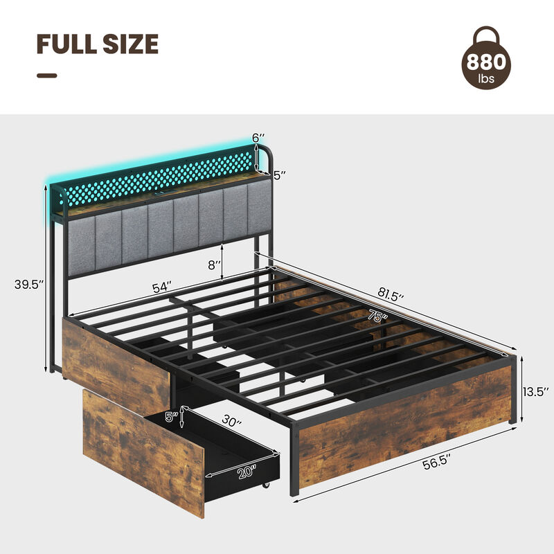 Bed Frame with LED Lights  Upholstered Headboard and 4 Storage Drawers