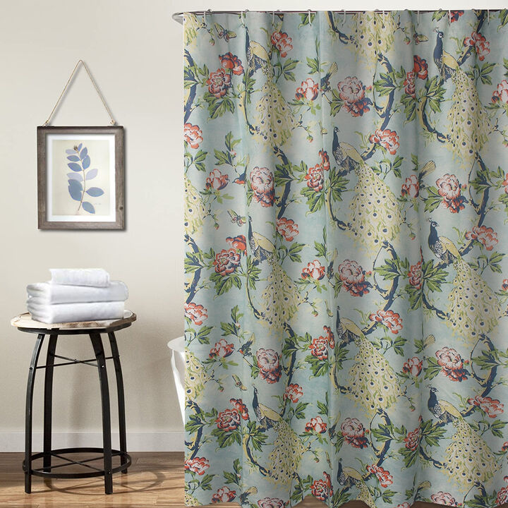 Eden 72 Inch Shower Curtain, Songbirds and Butterflies, Green Microfiber - Benzara