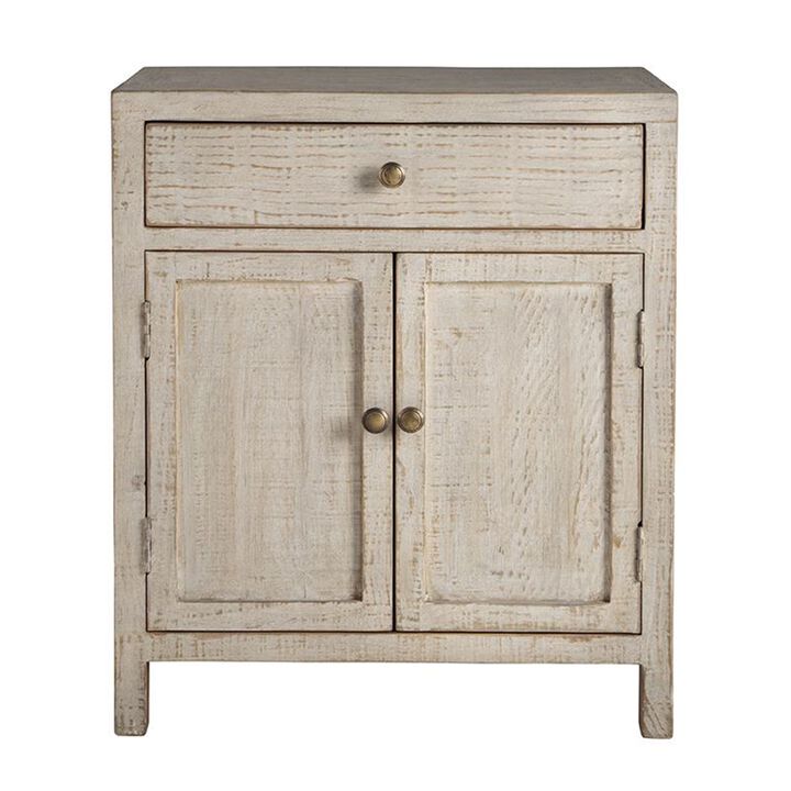 Lia Small Accent Cabinet, 2 Door, Drawer, Antique Style Whitewash Wood - Benzara