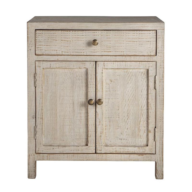 Lia Small Accent Cabinet, 2 Door, Drawer, Antique Style Whitewash Wood - Benzara