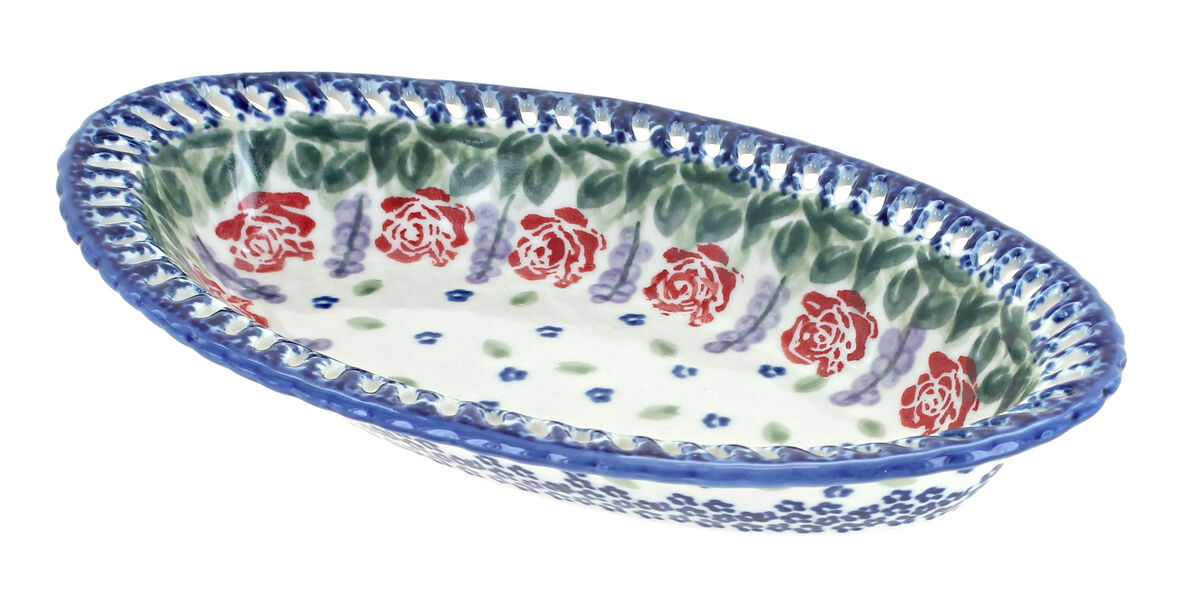Blue Rose Polish Pottery Cherry Red Bouquet Small Oval Dish