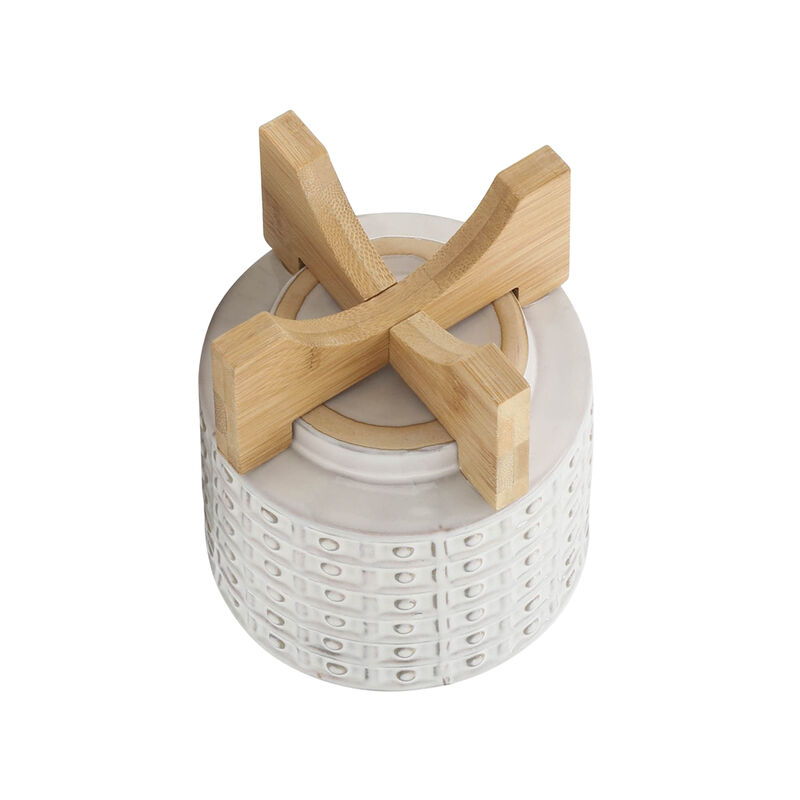 Ceramic 5" Dotted Planter with Wood Stand, Ivory