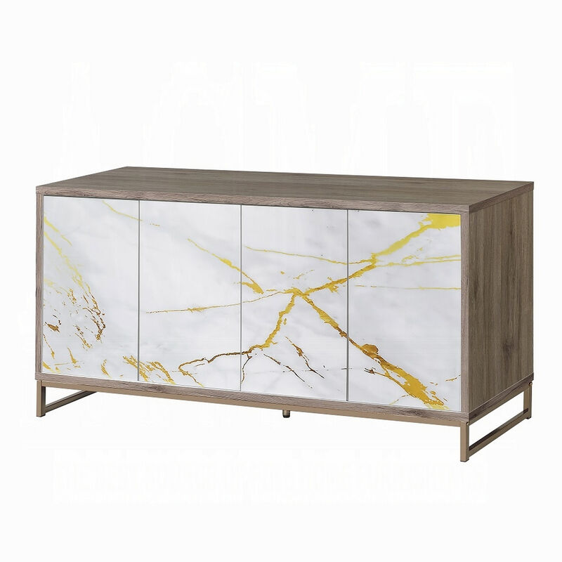 Avia Sideboard Console Cabinet, White Marble Look 4 Door Brown 65 Inch - Benzara