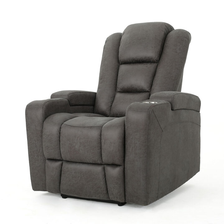 Yoma Power Recliner Chair with Storage, 2 Cupholders, USB, Gray Microfiber - Benzara