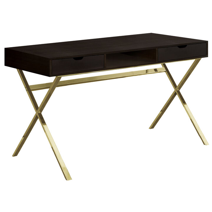 Monarch Specialties I 7210 Computer Desk, Home Office, Laptop, Storage Drawers, 48"L, Work, Metal, Laminate, Brown, Gold, Contemporary, Modern