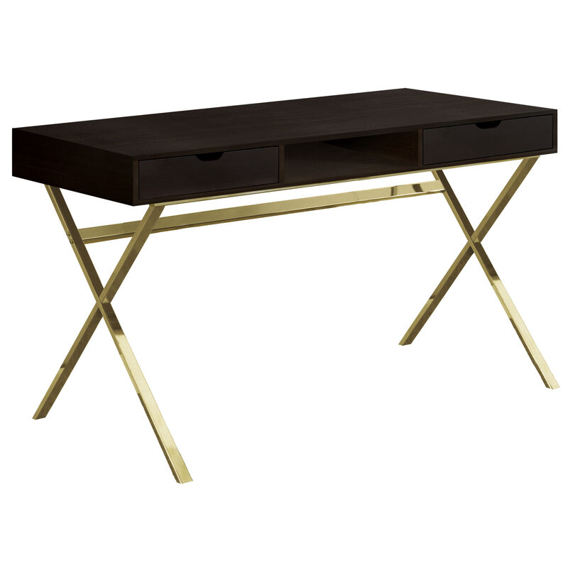 Monarch Specialties I 7210 Computer Desk, Home Office, Laptop, Storage Drawers, 48"L, Work, Metal, Laminate, Brown, Gold, Contemporary, Modern