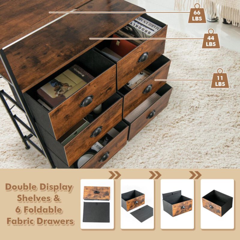 Hivvago 2-Tier Storage Chest with Wooden Top and 6 Fabric Drawers-Rustic Brown