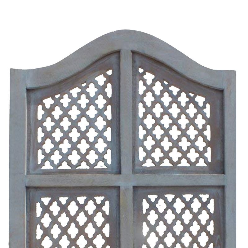 Three Panel Wooden Room Divider with Traditional Carvings and Cutouts, Blue-Benzara