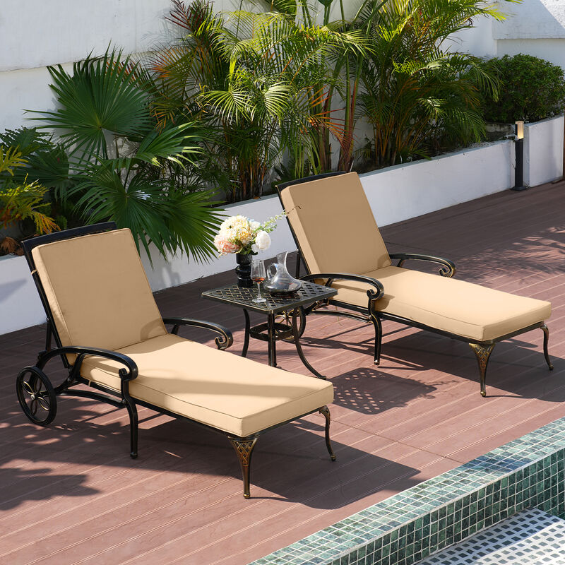 MONDAWE 3-Piece Outdoor Chaise Lounge with Cushion and Cast Aluminum Side Table