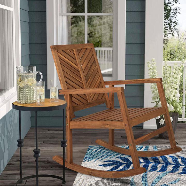 Ned Modern Chevron-Back 300-Lbs Support Acacia Wood Patio Outdoor Rocking Chair