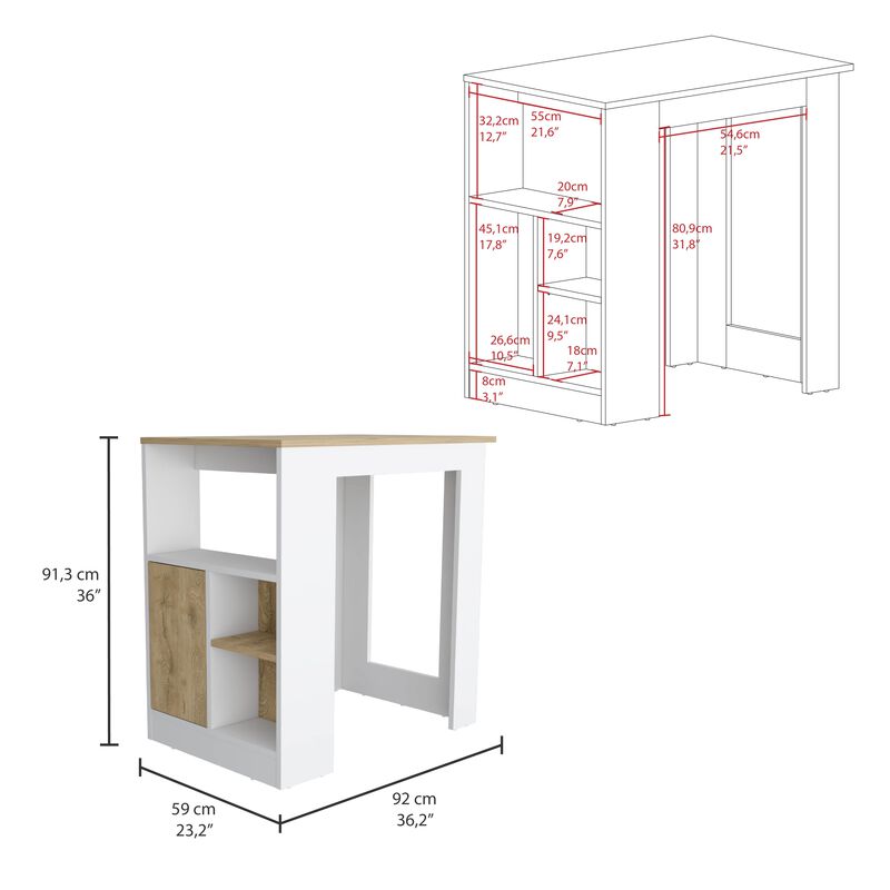 Stirling Kitchen & Dining room Island with 1-Door Cabinet Push to open System and Side Shelves- White / Macadamia