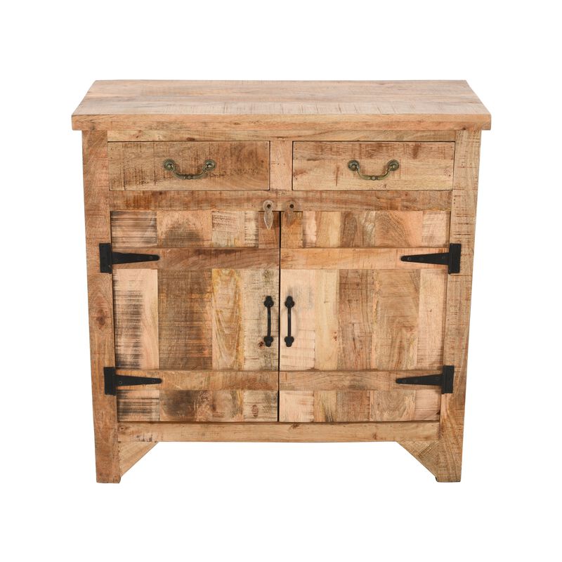 39 Inch Artisanal Farmhouse Style 2 Drawer Mango Wood Cabinet Console with 2 Door Storage, Rustic Brown - Benzara