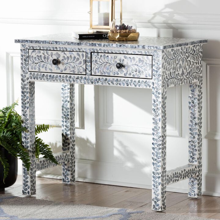bali & pari Diata Coastal Black and White Mother of Pearl Capiz Shell 2 Drawer Console Table