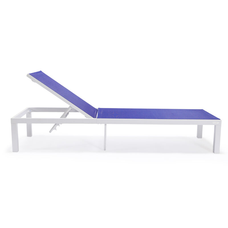 LeisureMod Marlin Modern Black Aluminum Outdoor Patio Chaise Lounge Chair in White Frame with Square Fire Pit Side Table