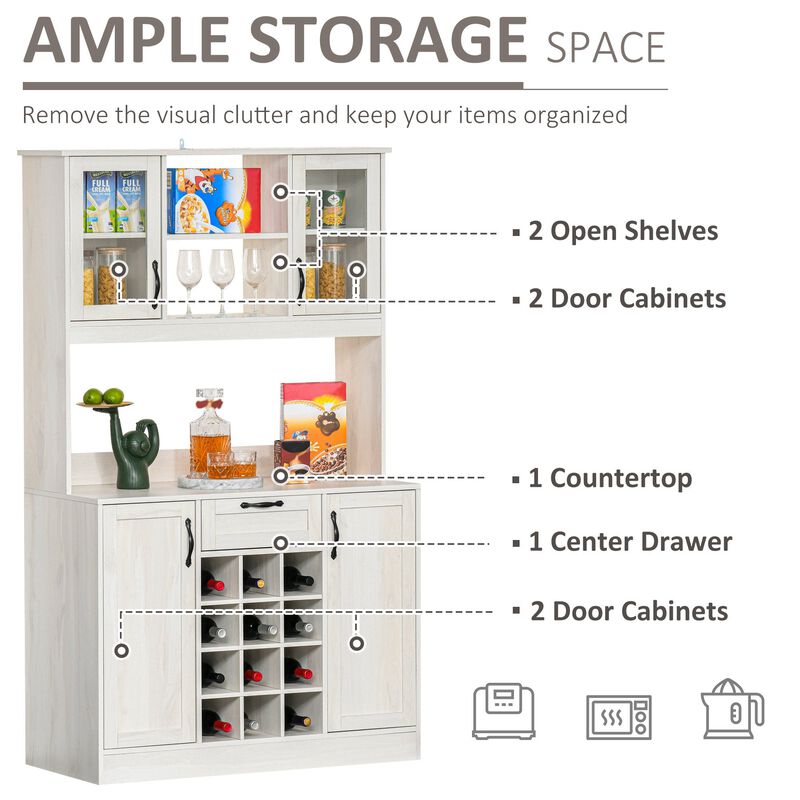 White Kitchen Storage: Buffet Hutch with Drawer, Cabinets, and Wine Rack