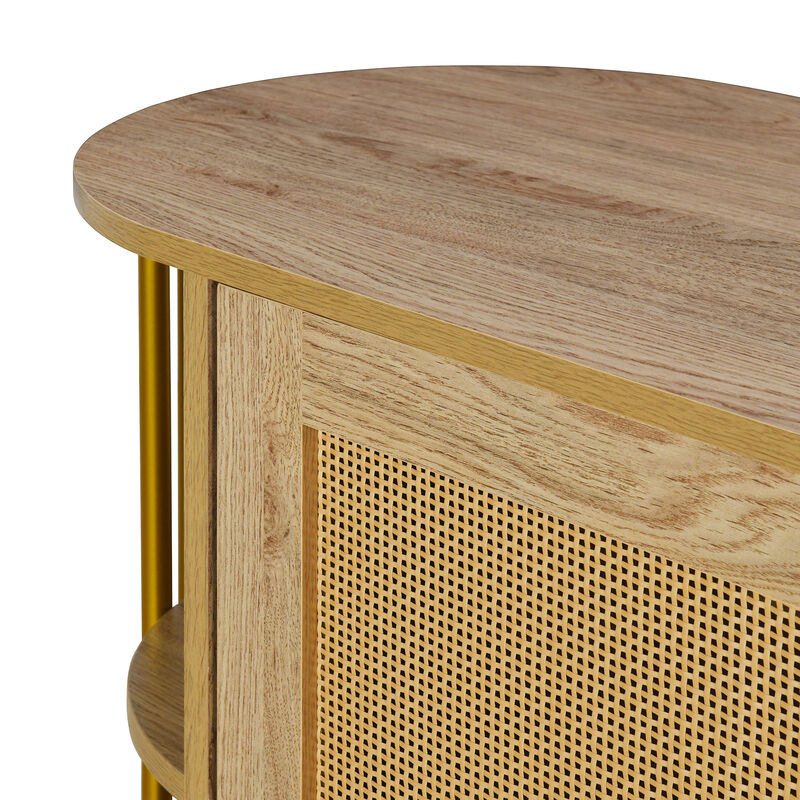 Clihome 2-Door Elegant Curved Dining Cabinet with Gold Trim and Woven Rattan Doors for Dining Room (Natural)