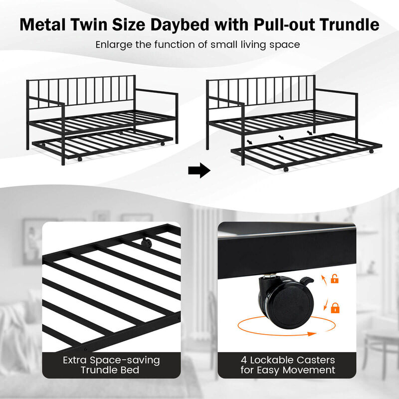 Twin Daybed Set with Metal Slat Support and Roll-Out Trundle