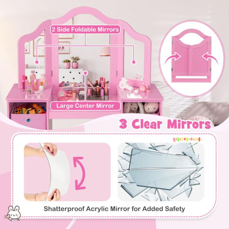 Hivvago Kids Vanity Table and Chair Set with Removable Mirrors and 4 Storage Bins