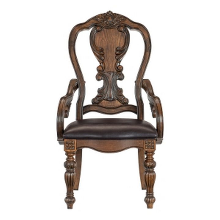 Devi 20 Inch Armchair, Queen Anne Backrest, Turned Legs, Rustic Brown -Benzara