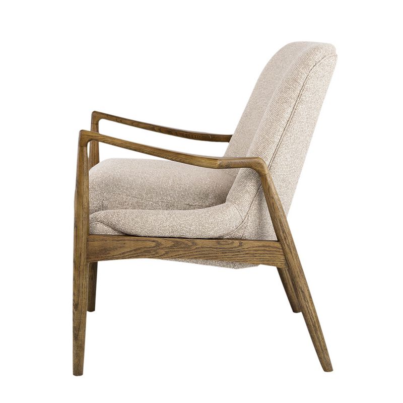 28 Inch Fabric Upholstered Accent Armchair, Birch Wood, Off White, Brown - Benzara