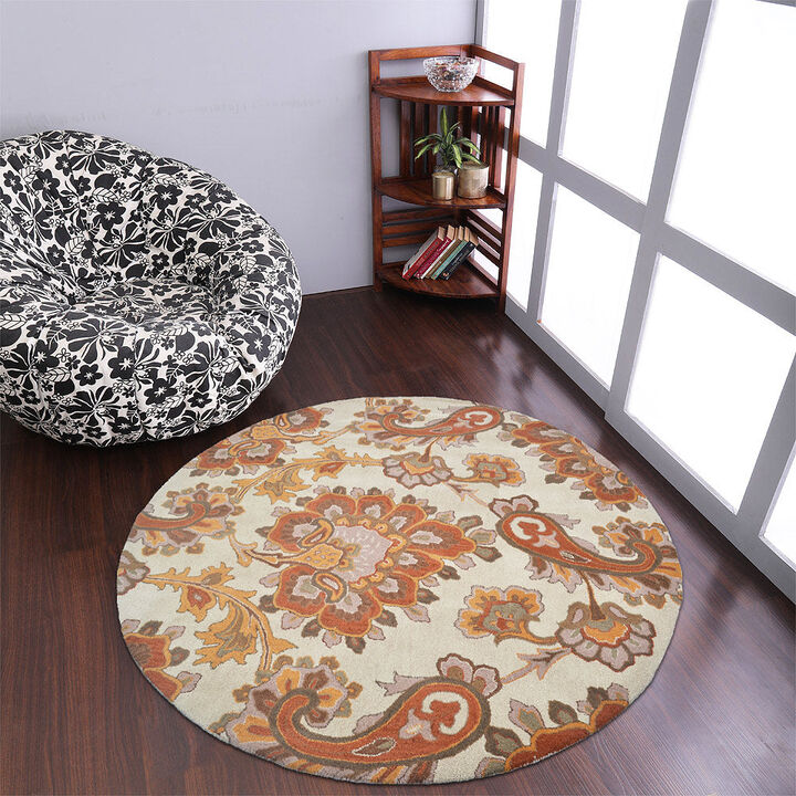 RUGSOTIC CARPETS HAND TUFTED WOOL ECO-FRIENDLY AREA RUGS  - 8'x8', Round Shape, Beige, Floral Modern Design, High Pile Thick Handmade Anti Skid Area Rugs for Living Room, Bed Room (K00151)