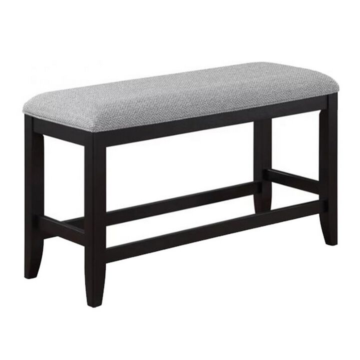 Patricia 48 Inch Counter Height Dining Bench, Black Wood and Gray Fabric - Benzara