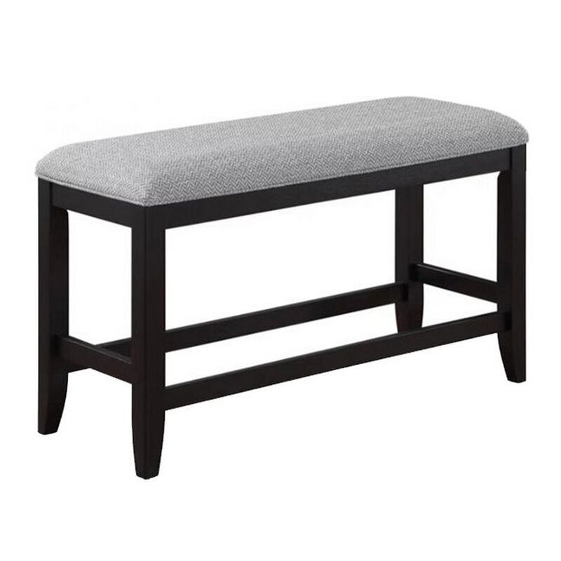 Patricia 48 Inch Counter Height Dining Bench, Black Wood and Gray Fabric - Benzara