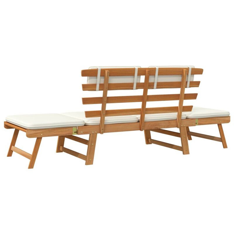 Outdoor Bench, Folding 2 in 1 Style, White Cushions, Brown Acacia Wood - Benzara