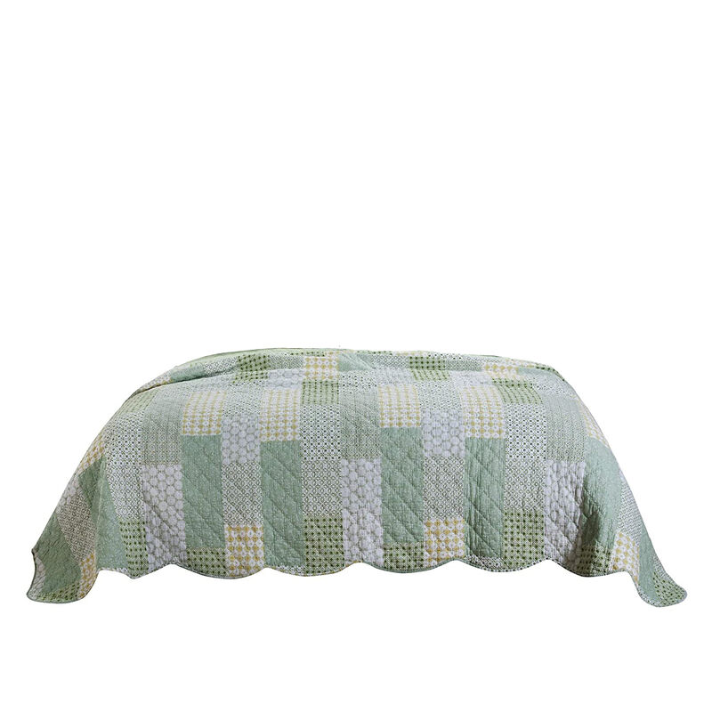 Reversible Fabric Queen Size Quilt Set with Geometric Pattern Motifs,Green - Benzara