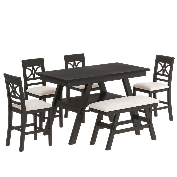 6-Piece Wood Counter Height Dining Table Set With Storage Shelf, Kitchen Table Set With Bench
