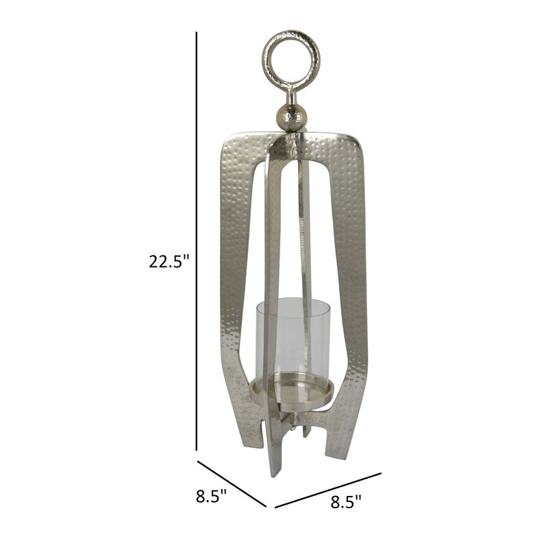 Brie Candle Holder Lantern, 23 Inch, Silver Metal Frame, Glass Shade - Benzara