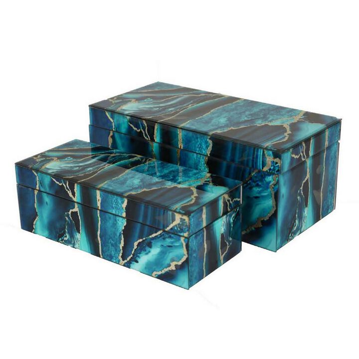 Dory Decorative Box Set of 2, Deep Blue Black Faux Marble Accent Glass - Benzara
