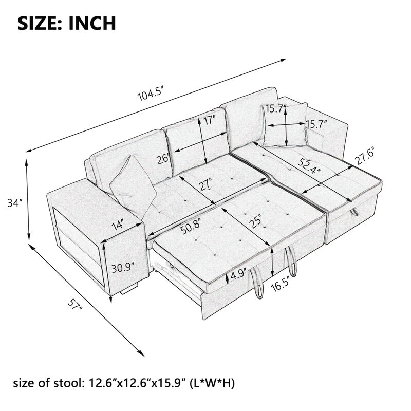 3-Seat Sleeper Sofa Sectional with Storage Chaise & Stools