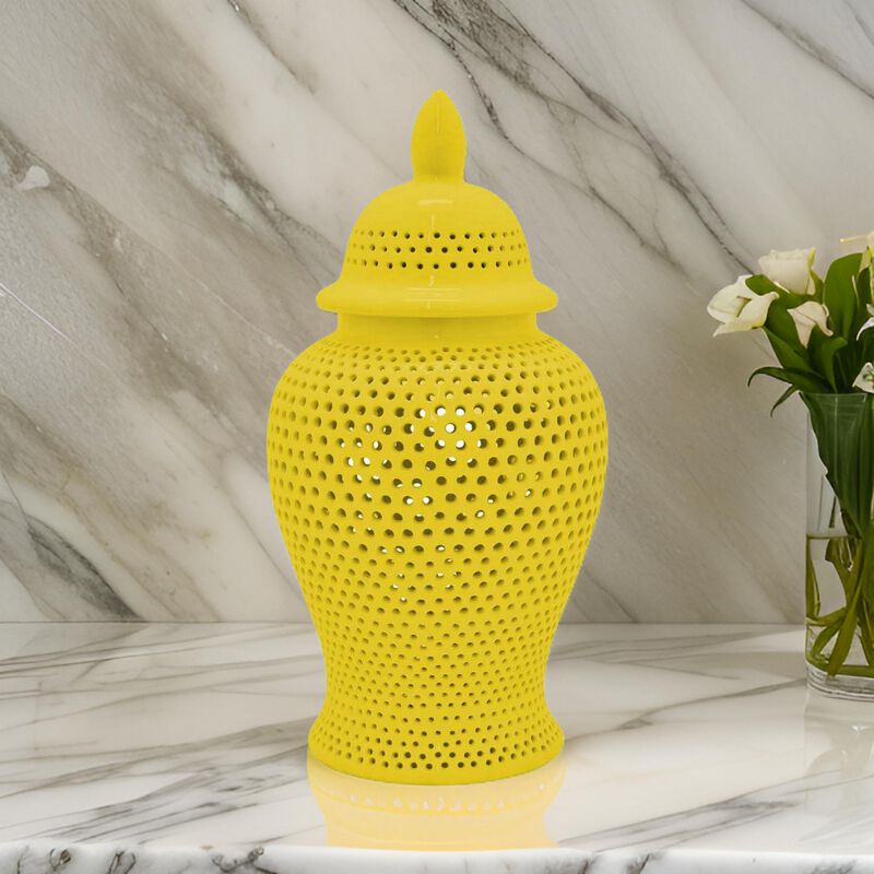 Deni 25 Inch Ginger Jar, Carved Cutout Lattice, Removable Lid, Yellow - Benzara