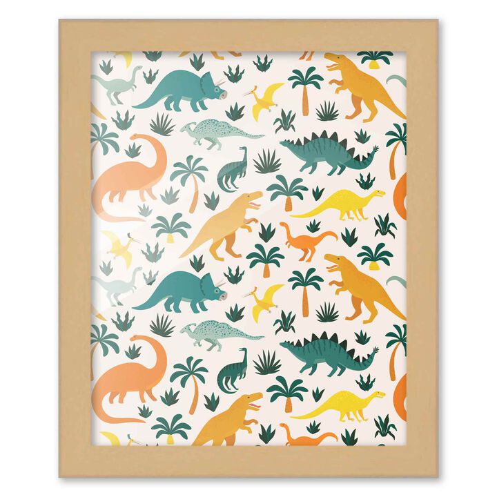 8x10 Framed Nursery Wall Art Hand Drawn Dinosaur Pattern Poster in Black Wood Frame For Kid Bedroom or Playroom