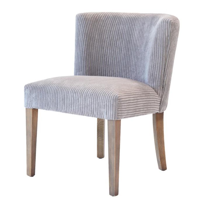 Wesy Dining Chair, Curved Back, Light Gray Fabric, Natural Oak Wood - Benzara
