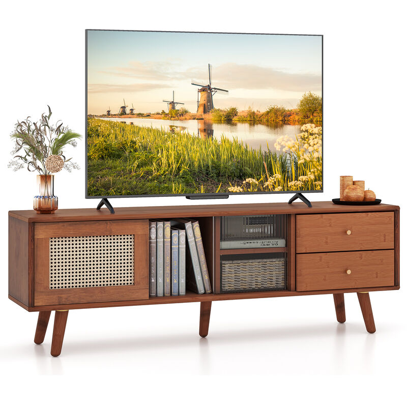 Modern Wood TV Stand with Storage Shelves & Media Console for Living Room