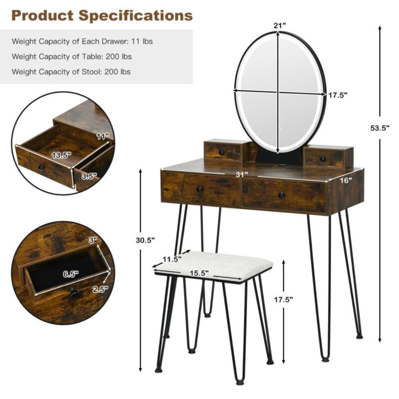 Hivvago Vanity Table Set with 3-Color Lighted Dimmable Mirror-Brown