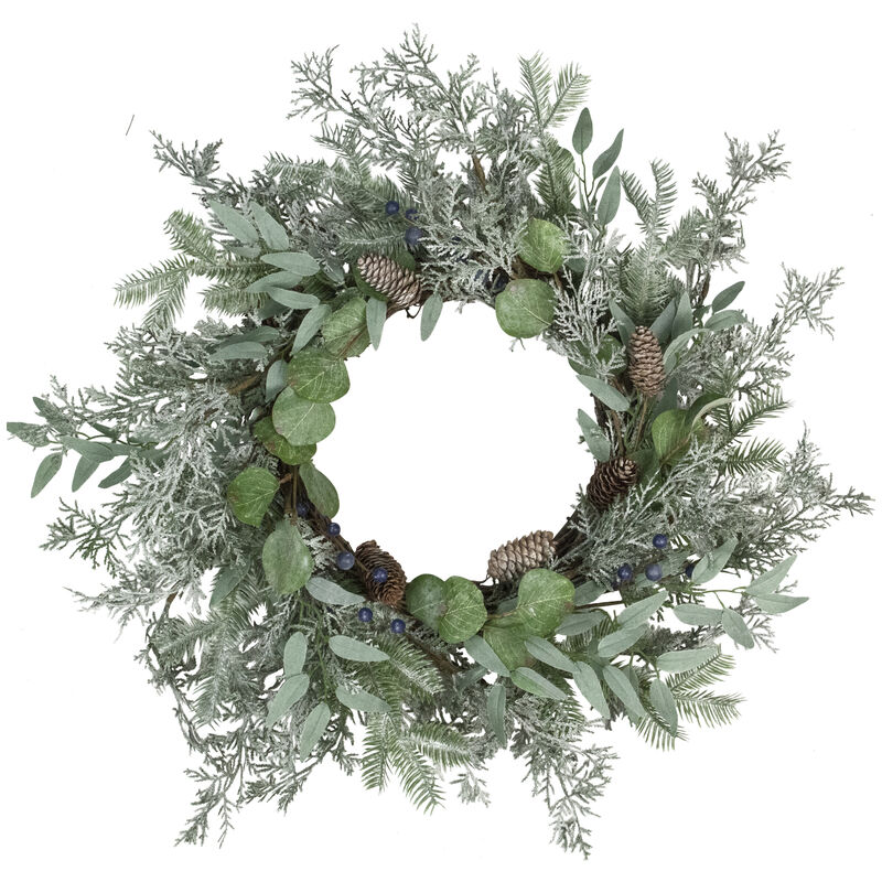 Frosted Green Mixed Foliage and Blueberries Artificial Christmas Wreath  26-Inch  Unlit